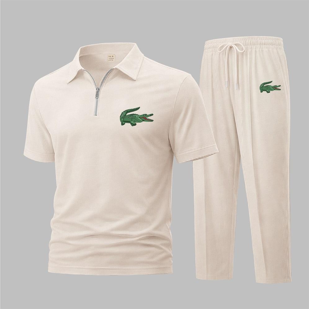 Men's Mechanical Crocodile Print Waffle-Knit Polo Shirt Set