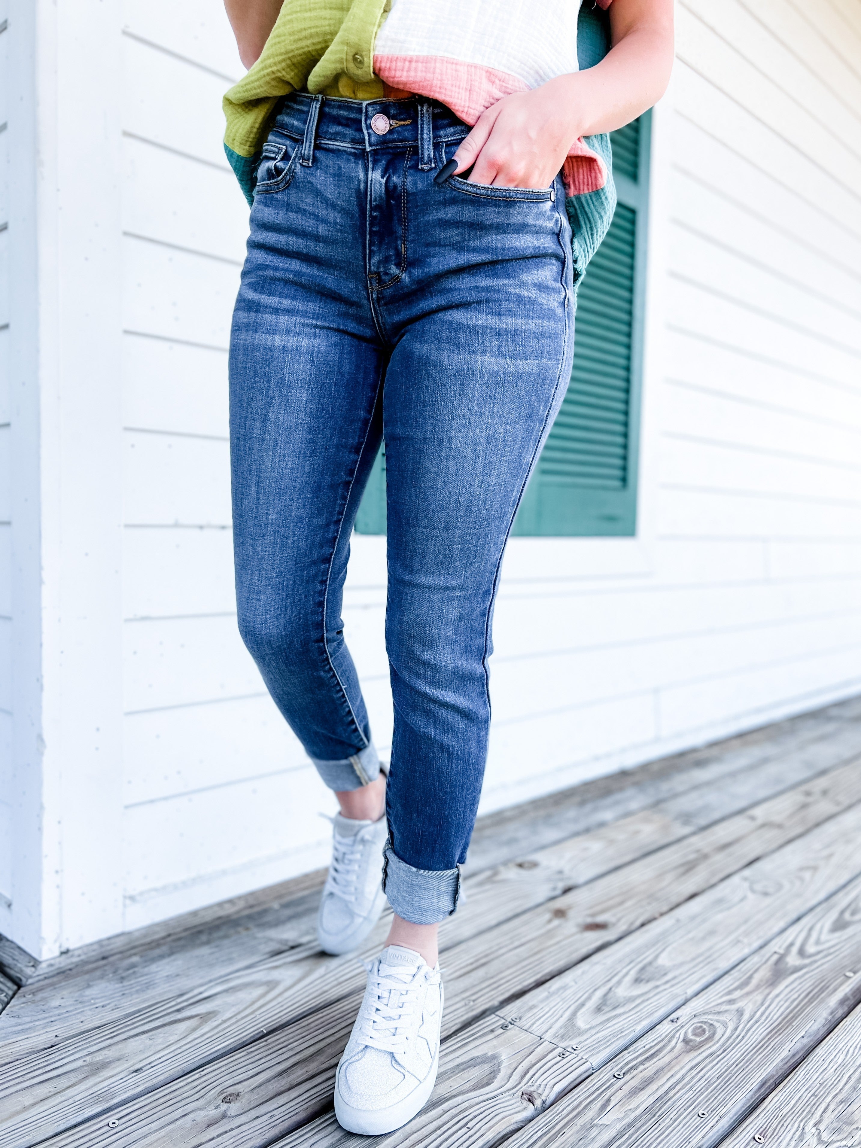   8 Days A Week  Medium Wash Mid Rise Skinny jeans with Handsanding