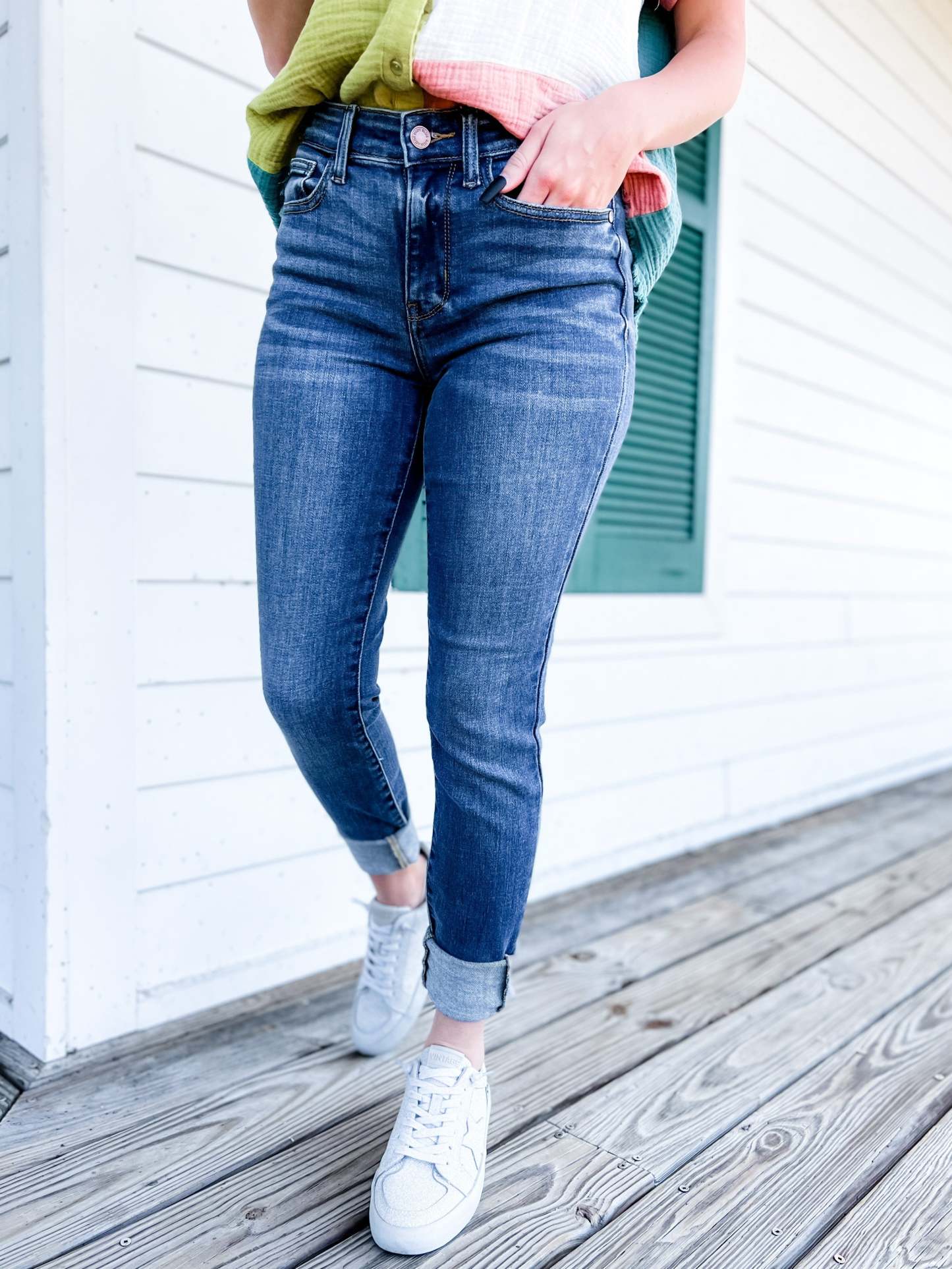   8 Days A Week  Medium Wash Mid Rise Skinny jeans with Handsanding
