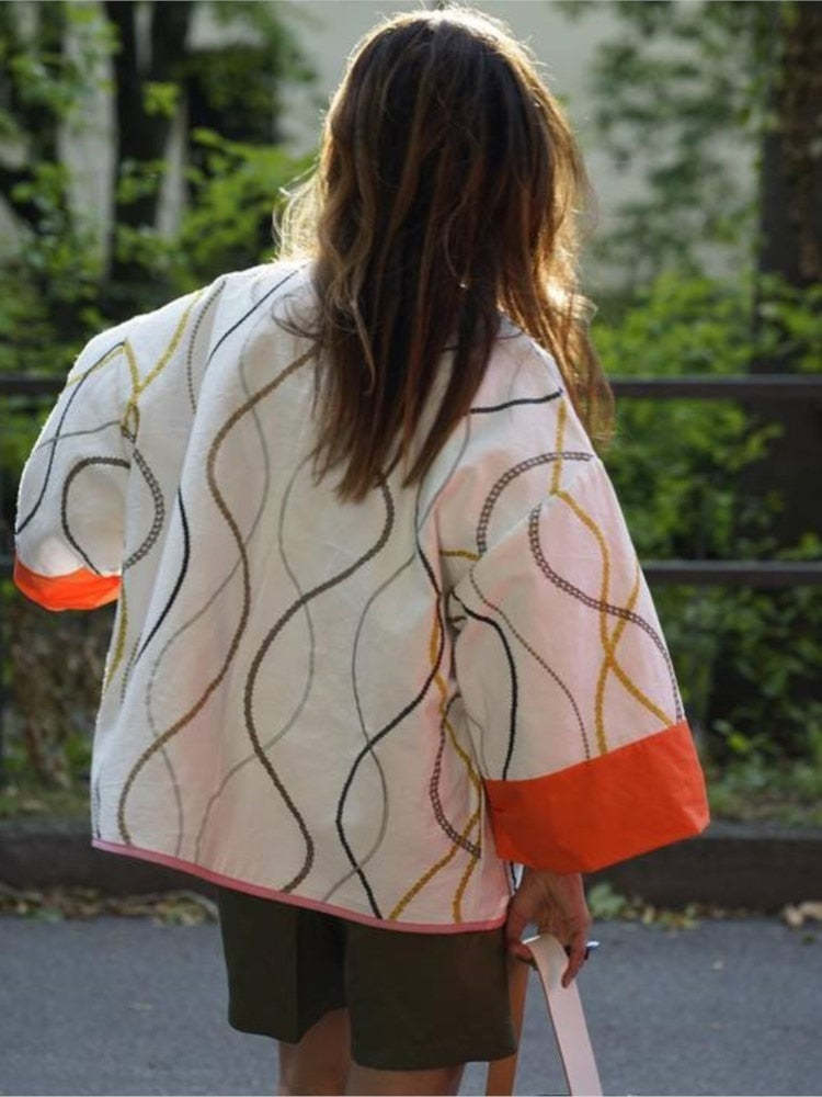 Printed Pocket Wide Sleeved Women's Double Sided Jacket
