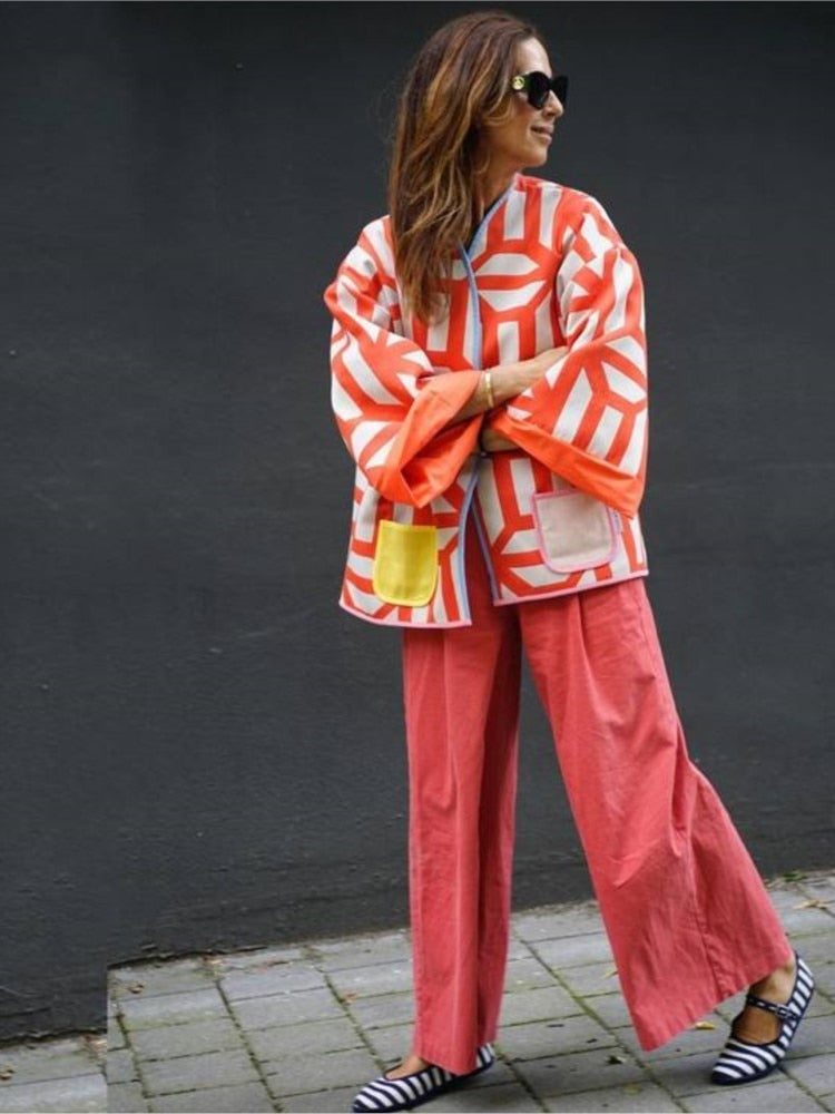 Printed Pocket Wide Sleeved Women's Double Sided Jacket