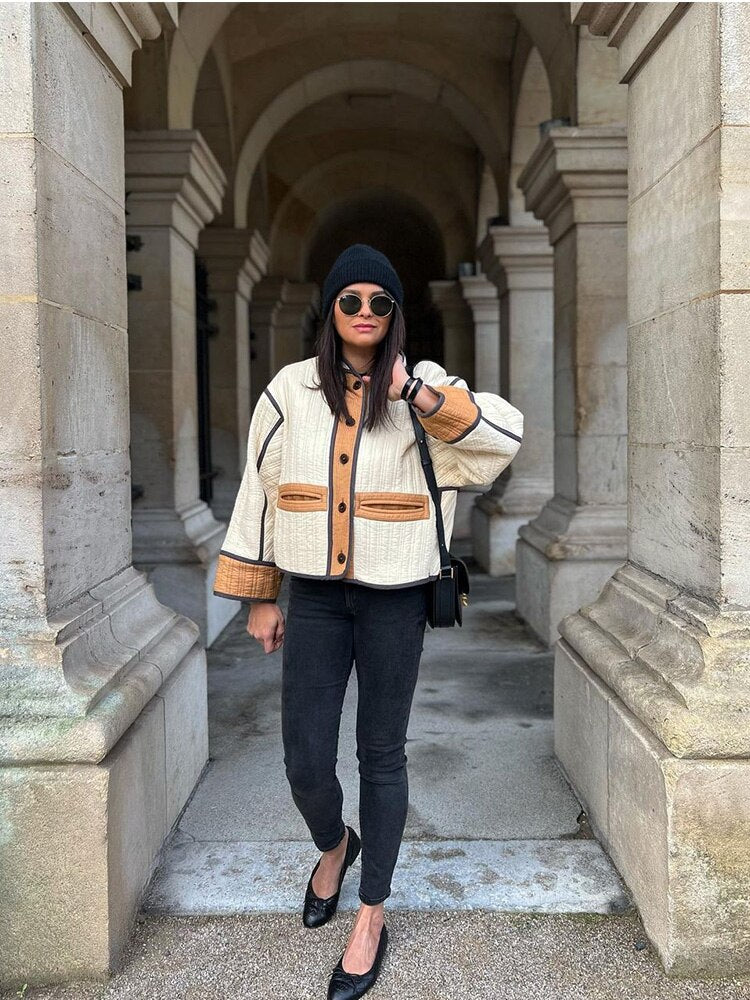 Patchwork Cotton Coat Women Single Breasted Jacket