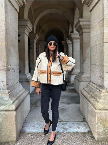 Patchwork Cotton Coat Women Single Breasted Jacket