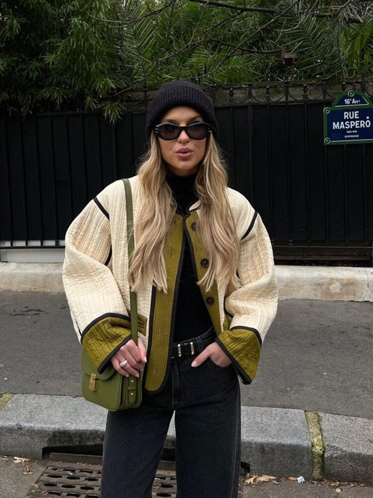 Patchwork Cotton Coat Women Single Breasted Jacket