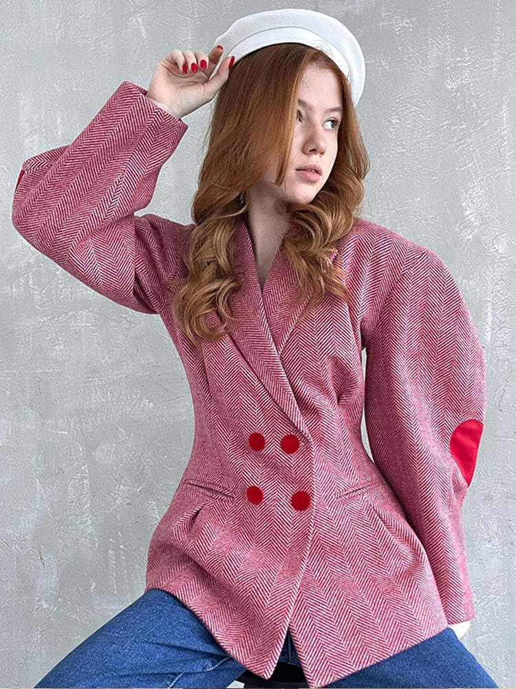 Woolen Lantern Sleeve Notched Heart Double Breasted Jacket