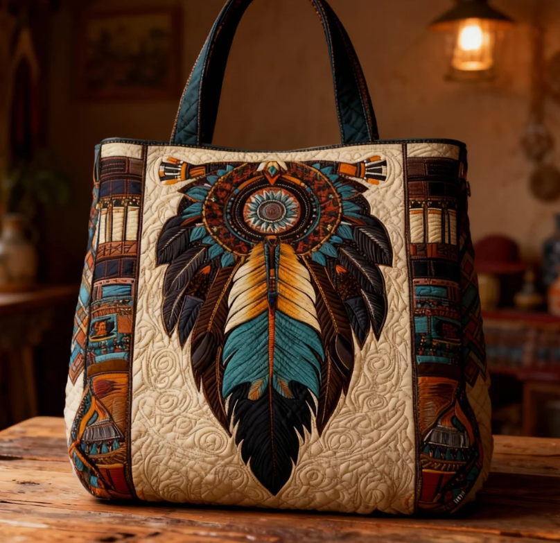 Ethnic Feather Dreamcatcher Quilted Tote Bag 