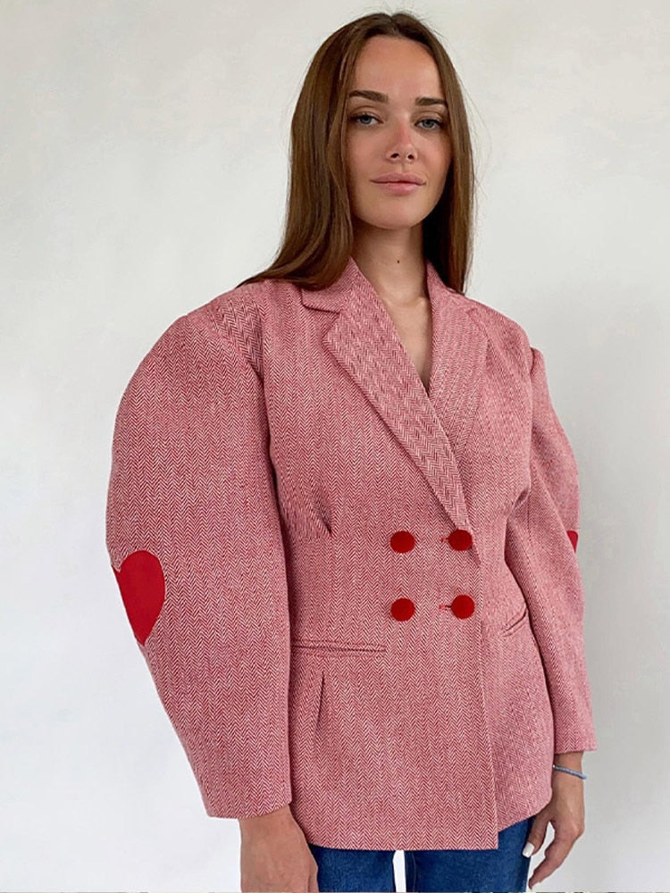 Woolen Lantern Sleeve Notched Heart Double Breasted Jacket