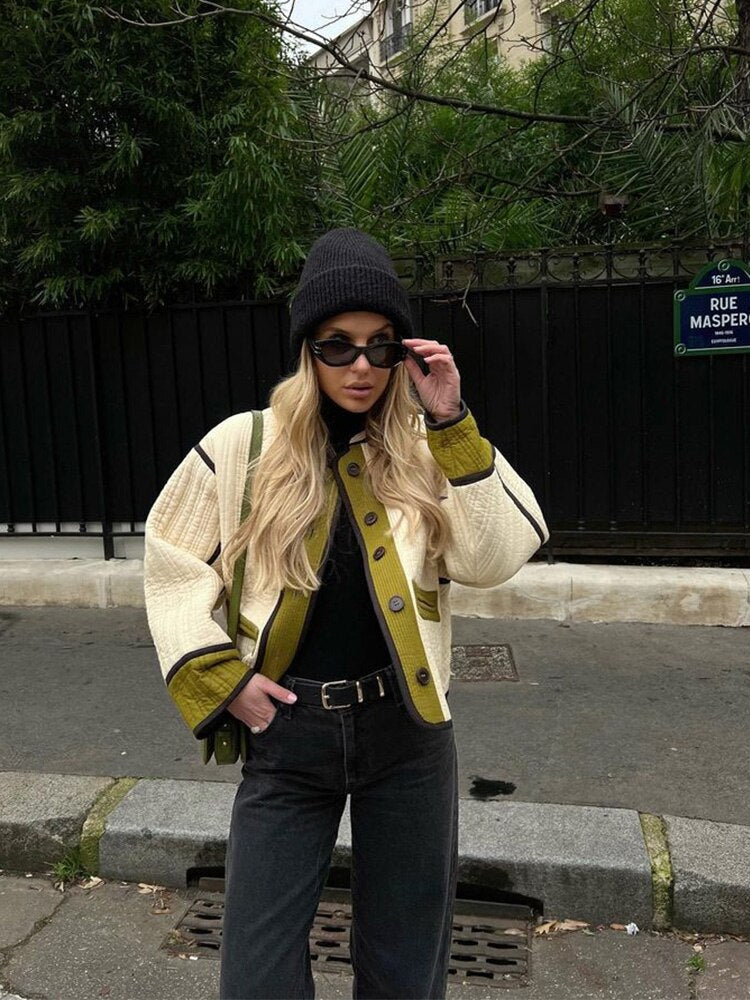 Patchwork Cotton Coat Women Single Breasted Jacket