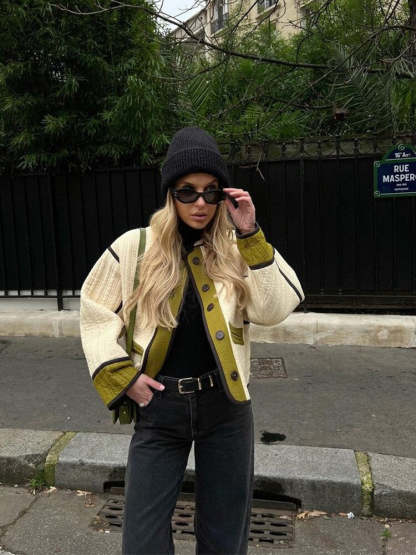 Patchwork Cotton Coat Women Single Breasted Jacket