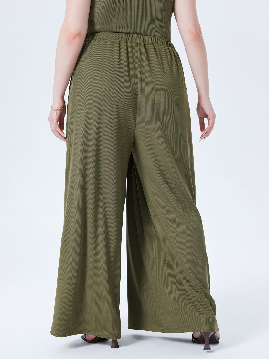 Solid Elastic Waist Pocket Wide Leg Pants Curve & Plus