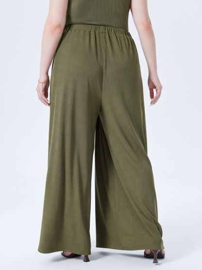 Solid Elastic Waist Pocket Wide Leg Pants Curve & Plus