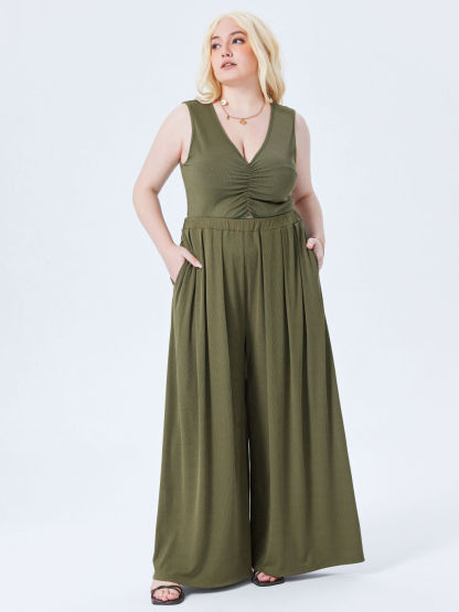 Solid Elastic Waist Pocket Wide Leg Pants Curve & Plus