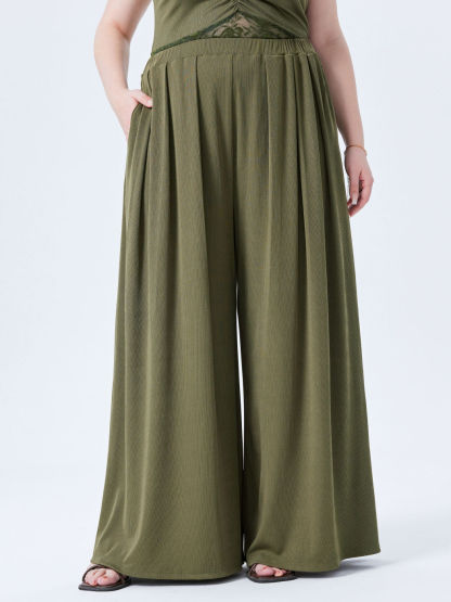 Solid Elastic Waist Pocket Wide Leg Pants Curve & Plus