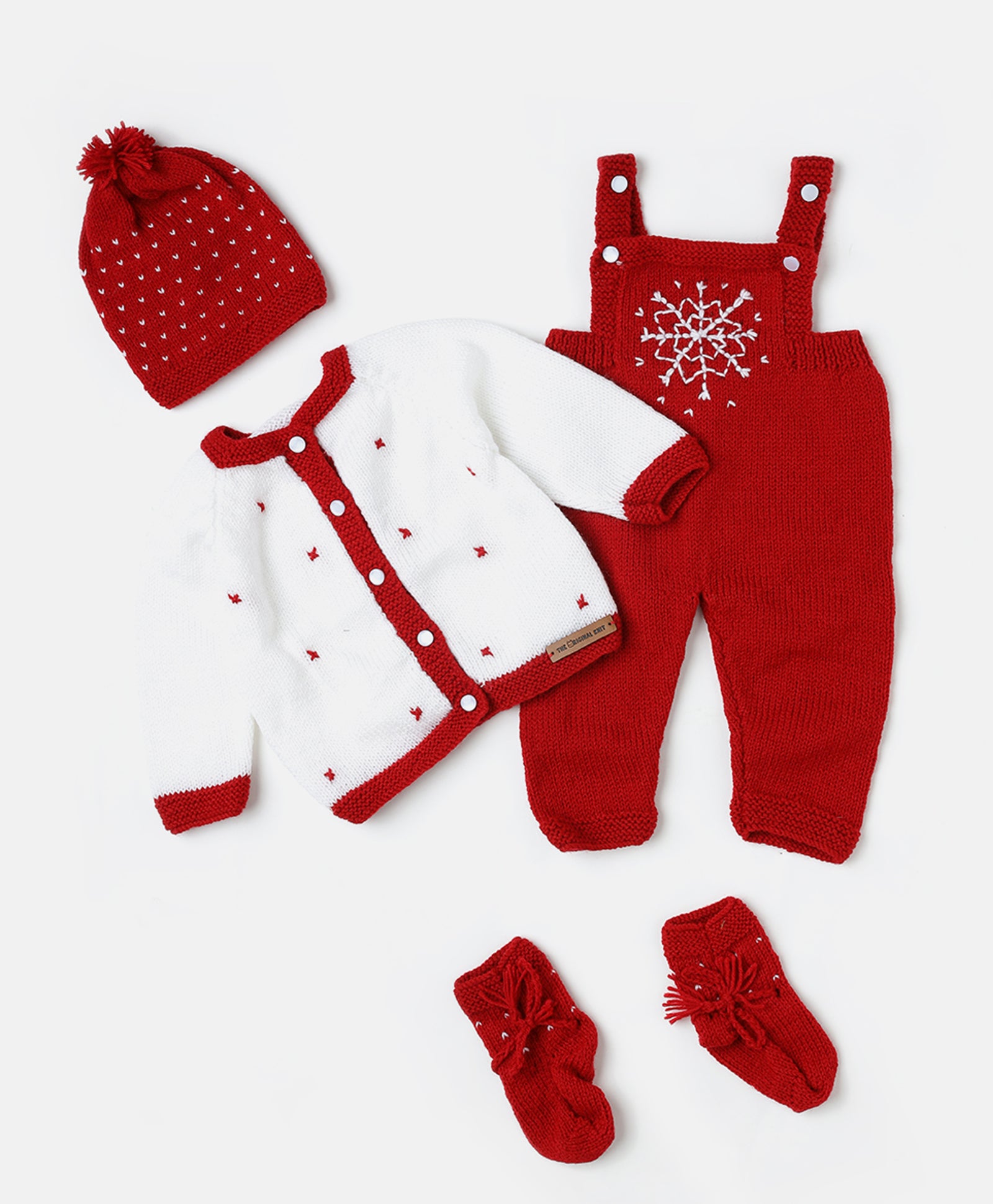 Handmade Self Design Dungaree Set- Red & White