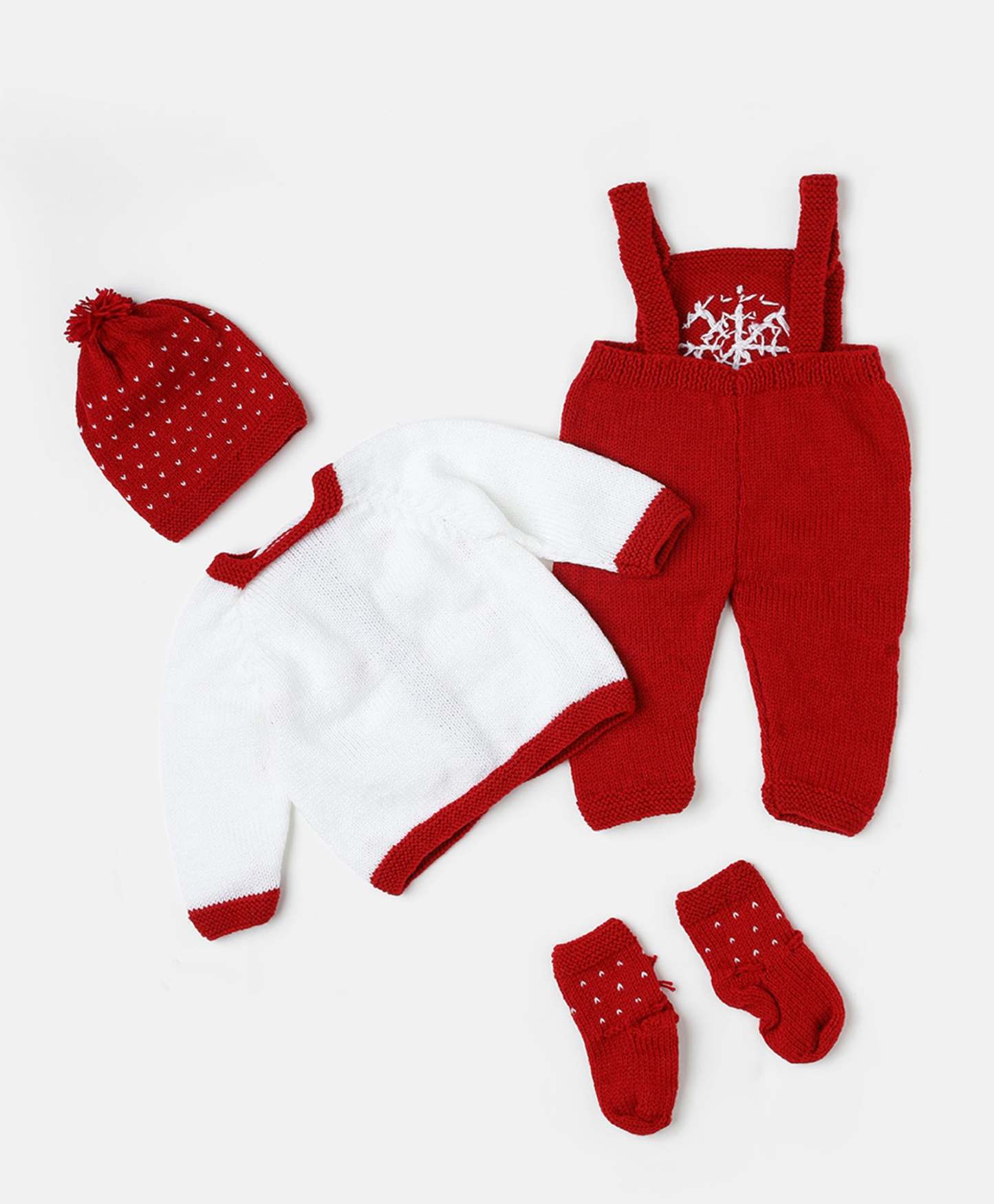 Handmade Self Design Dungaree Set- Red & White