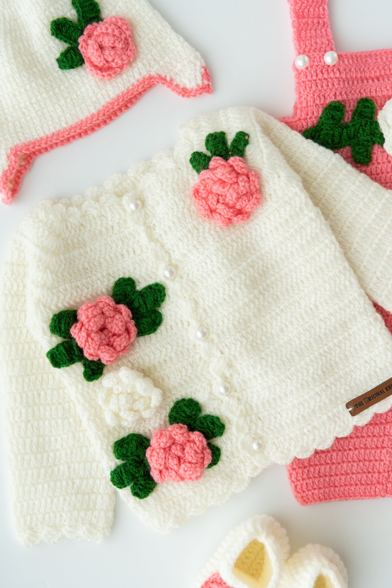 Handmade Flower Embellished Dungaree Set- Off White & Pink