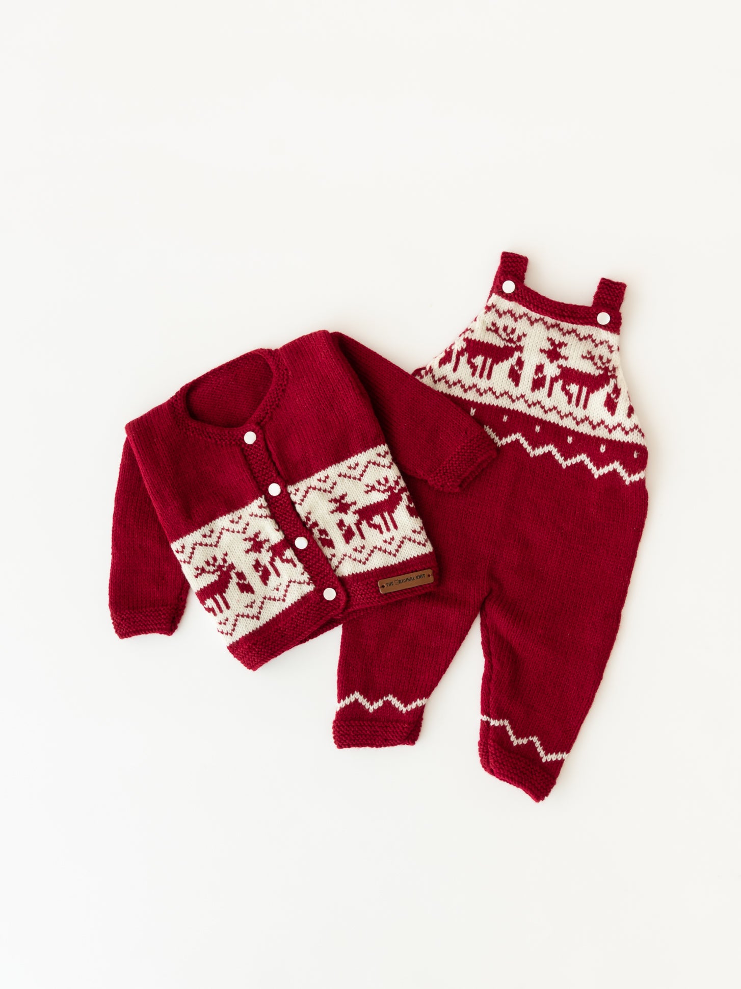 Reindeer Embellished Handmade Dungaree Set- Maroon & Cream