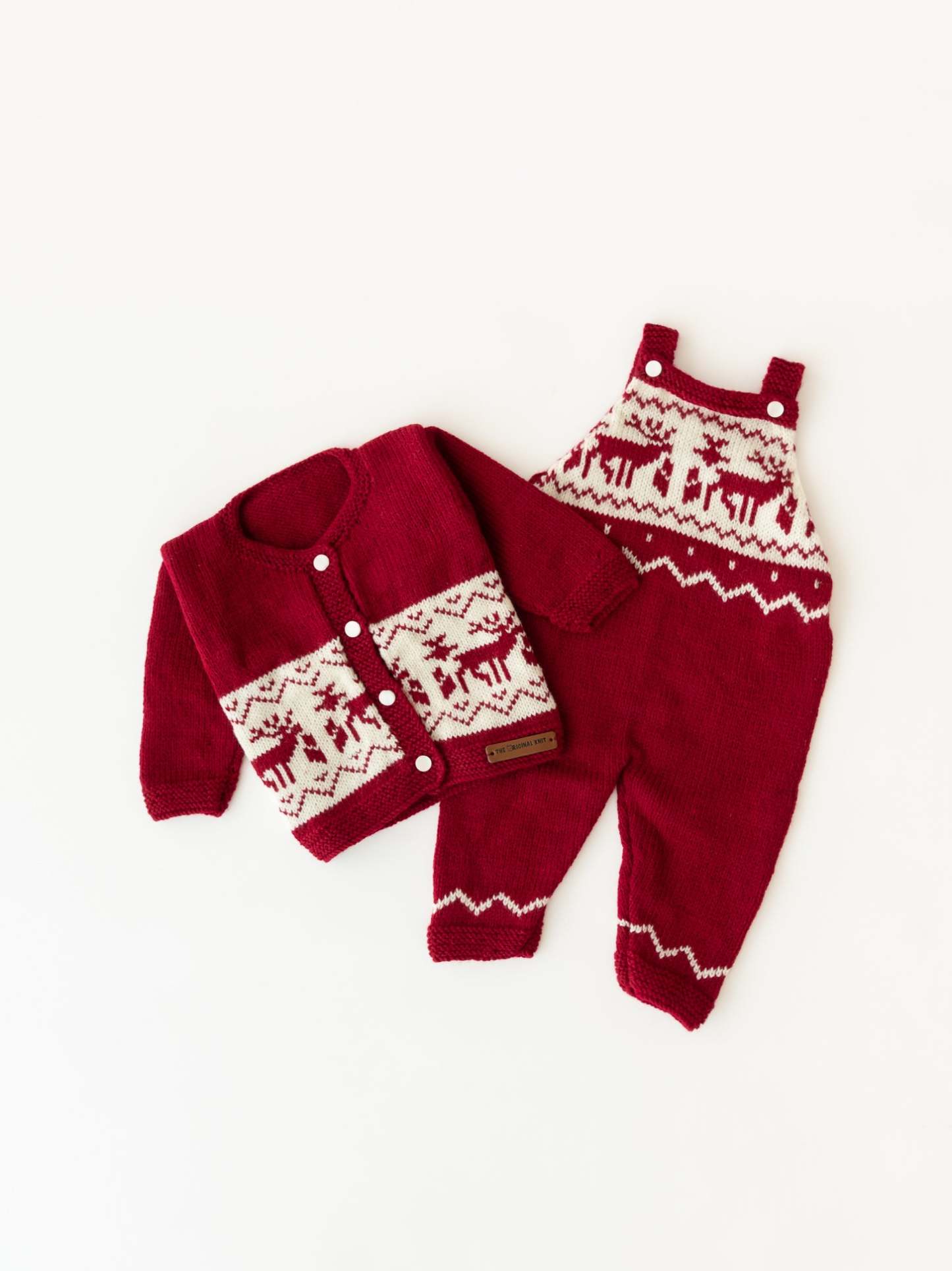 Reindeer Embellished Handmade Dungaree Set- Maroon & Cream