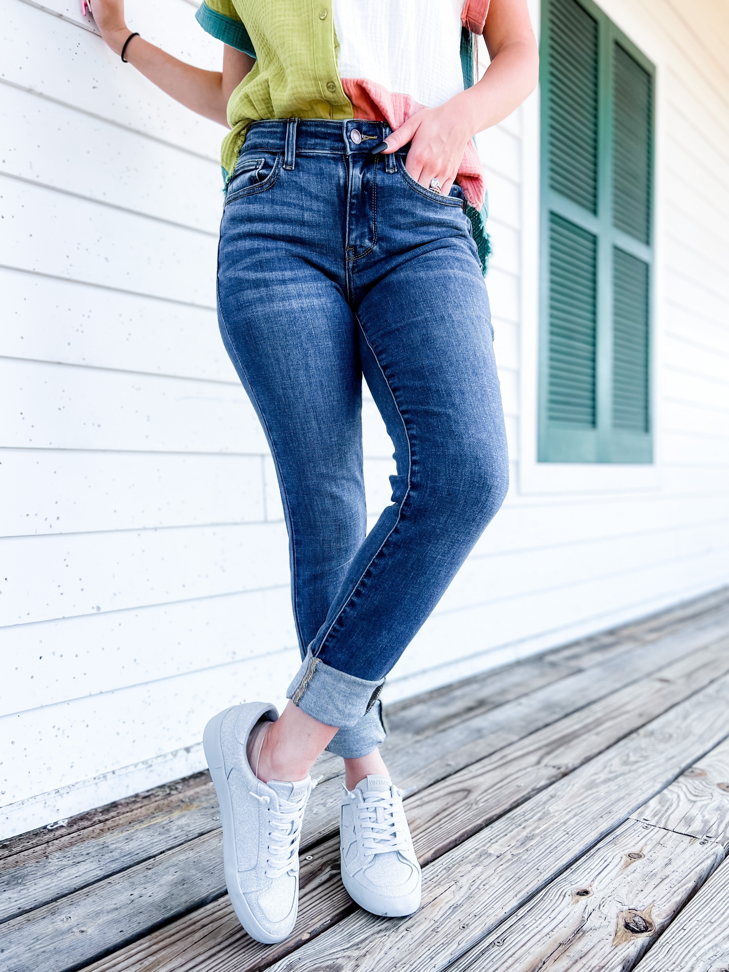   8 Days A Week  Medium Wash Mid Rise Skinny jeans with Handsanding