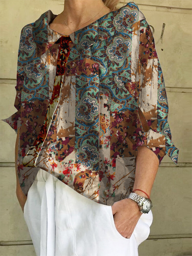 Women Allover Ethnic Totem Print Lapel 3/4 Sleeve Shirt