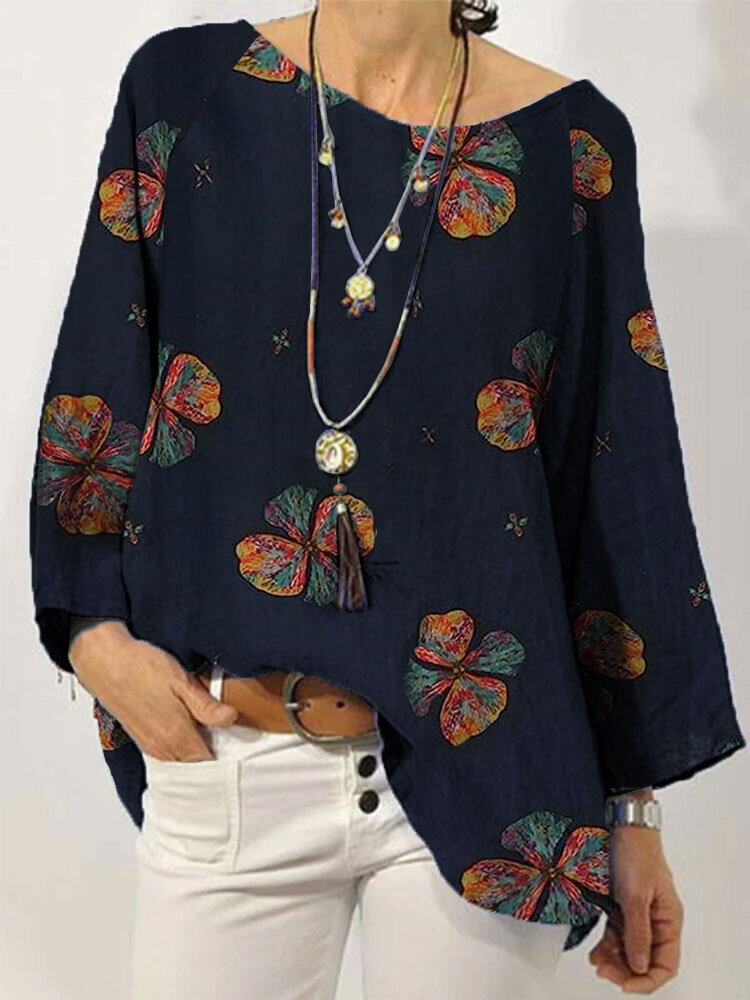 Women Colorful Floral Print Crew Neck Long Sleeve Blouse