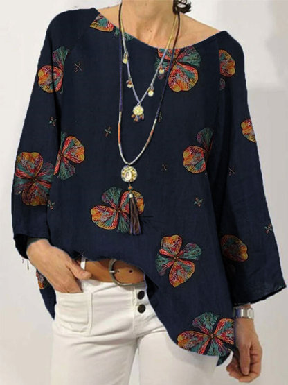 Women Colorful Floral Print Crew Neck Long Sleeve Blouse