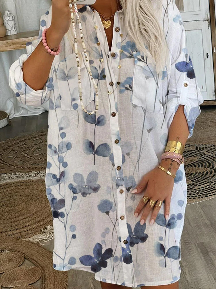 Women Floral Plant Print Double Pocket 3/4 Sleeve Longline Shirt