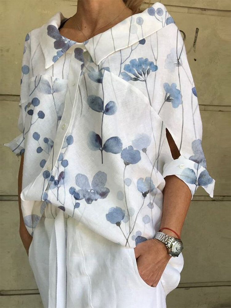 Women Floral Plant Print Lapel Cutout Detail 3/4 Sleeve Shirt