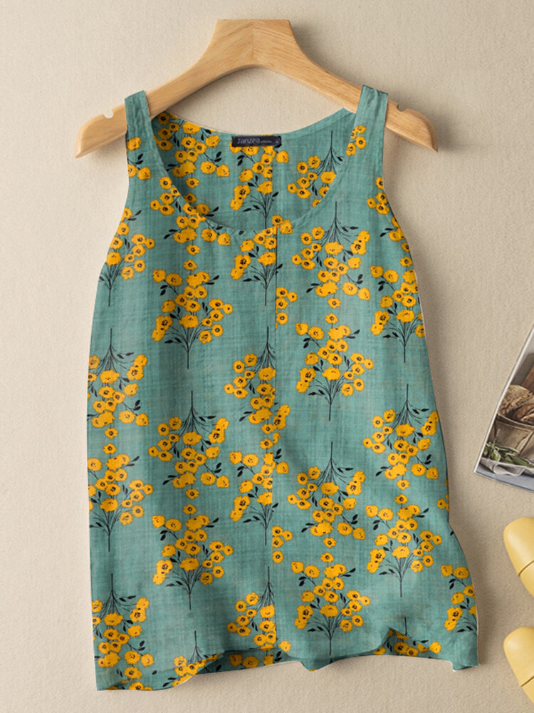 Women Floral Print Crew Neck Vacation Sleeveless Tank Top