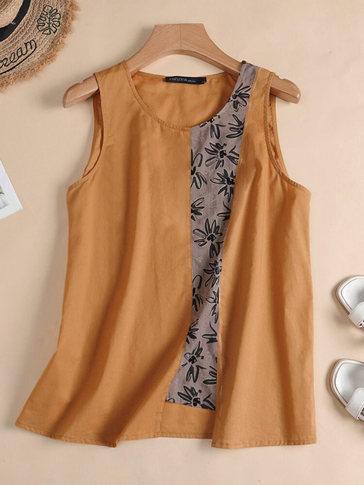 Women Floral Print Patchwork Crew Neck Cotton Sleeveless Tank Top
