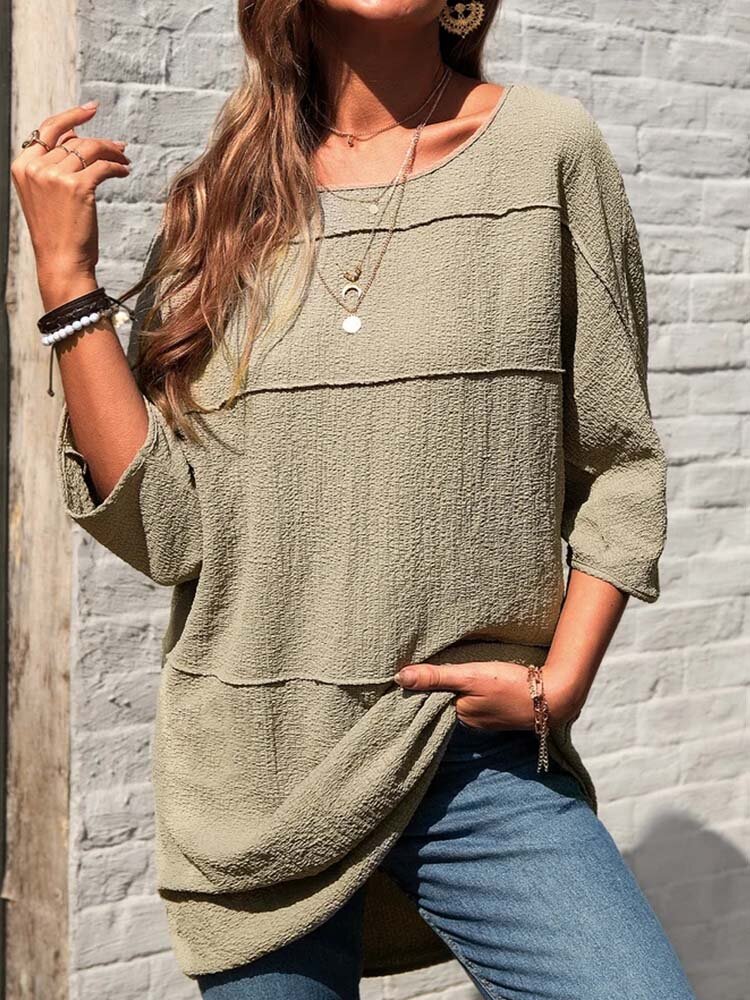 Women Solid Seam Detail Crew Neck Casual 3/4 Sleeve Blouse
