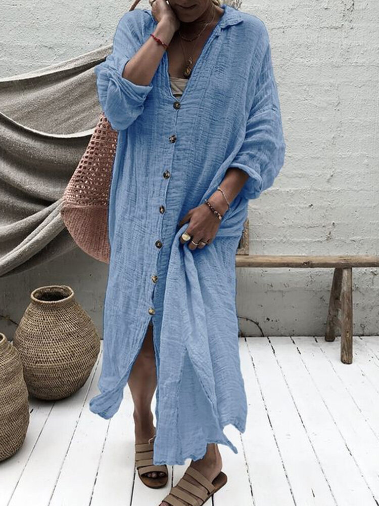 Women Solid Texture Lapel Button Front Cotton Shirt Dress