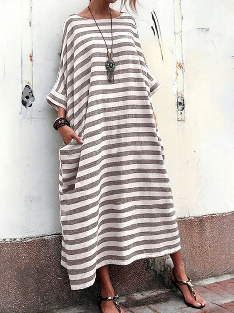 Women Striped Crew Neck Casual 3/4 Sleeve Dress