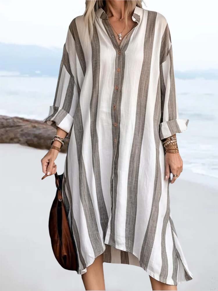 Women Striped Lapel Button Front Cotton Shirt Dress