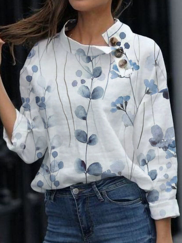 Women Watercolor Floral Print Button Neck 3/4 Sleeve Blouse