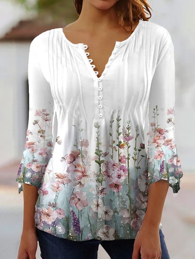 Women's Shirt Blouse White Green Floral Button Print 3/4 Length Sleeve Holiday Weekend Basic Round Neck Regular Floral 