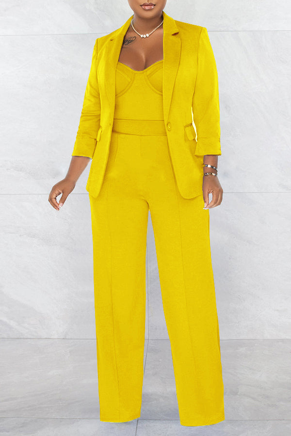 Lapel Collar Blazer & Wide Leg Jumpsuit Set