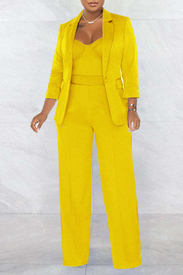 Lapel Collar Blazer & Wide Leg Jumpsuit Set