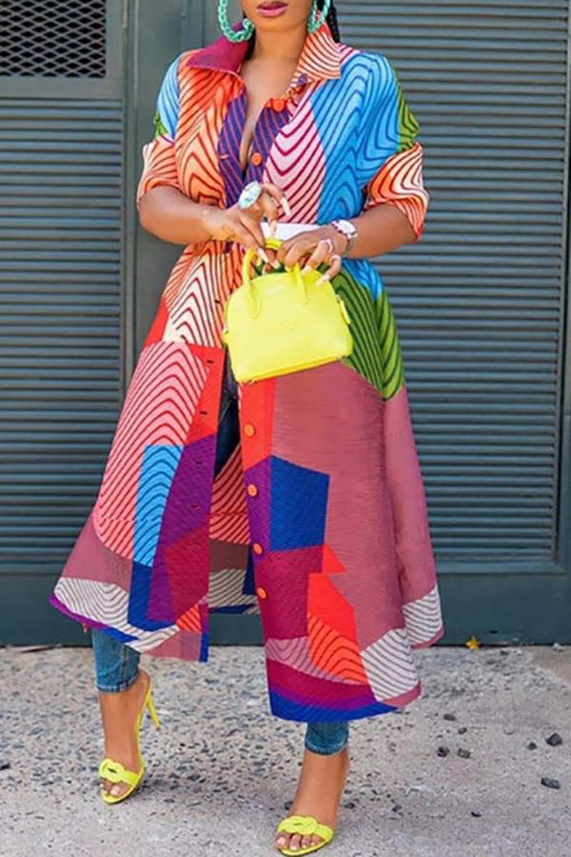 Plus Size Red Casual Half Sleeves Geometric Prints Stripe Colorblock Midi Dresses [Pre-Order]