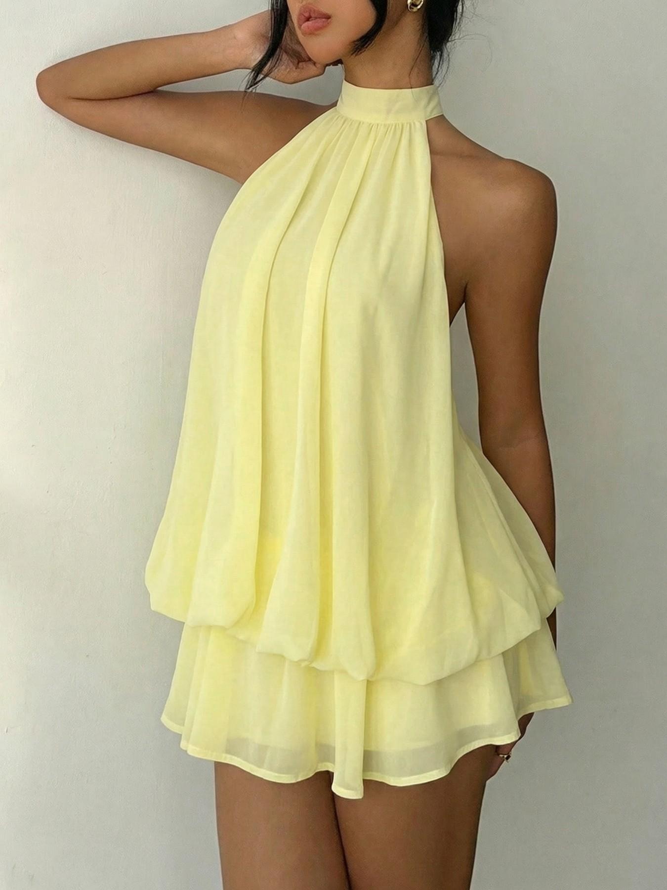 Women's Summer Fashion Party Halter Tie Back Mini Dress, Slim-Fitting Casual Elegant Short Sleeveless Dress for Home Outdoor City Style