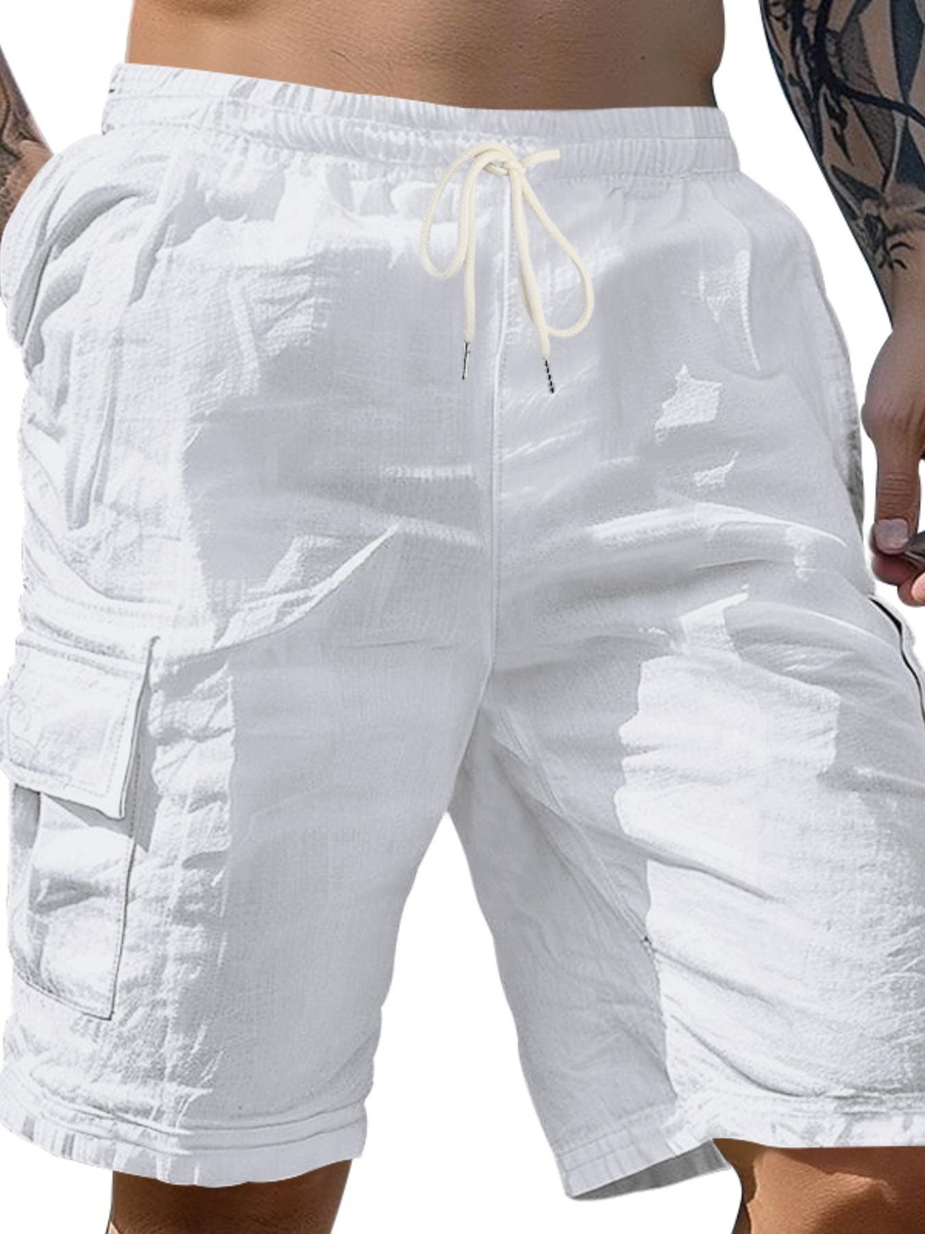 Men's Multi-Pocket Linen cargo shorts, Drawstring Waist Fitted Casual Shorts, Lightweight Breathable Beach Pants for Summer Outdoor Daily Wear