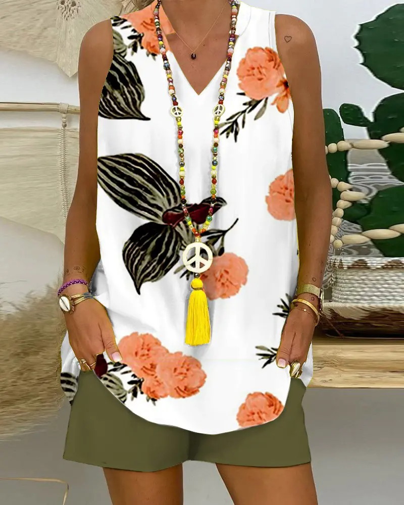 Tropical Print Tank Top & Shorts Set