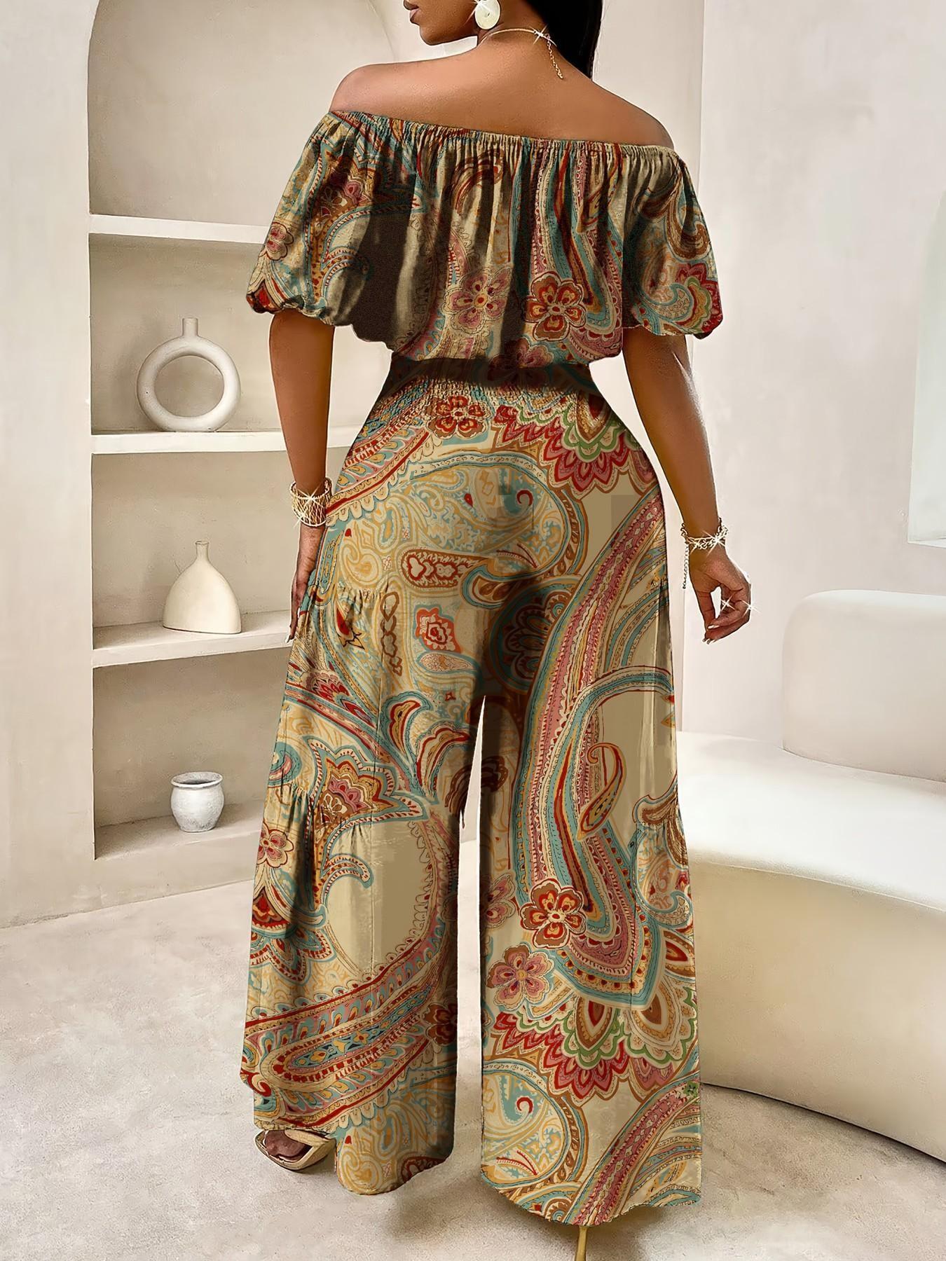 Women's Summer Paisley Print Vintage Aesthetic Vacation Two-Piece Set, Off-Shoulder Bubble Sleeve Crop Top + High Waist Drawstring Wide Leg Pants