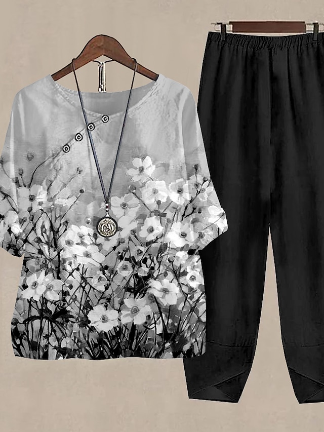 Women's Shirt Pants Sets Pants Trousers Basic Black Blue Holiday Weekend Floral Print Round Neck S M L XL 2XL