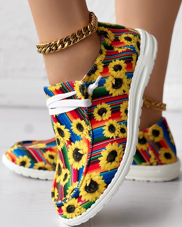 Sunflower Print Ombre Lace-up Slip-On Loafers