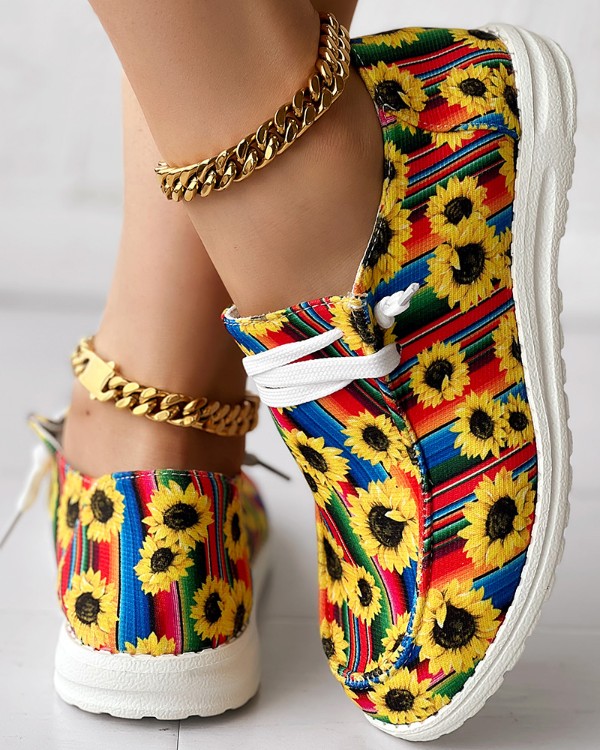 Sunflower Print Ombre Lace-up Slip-On Loafers