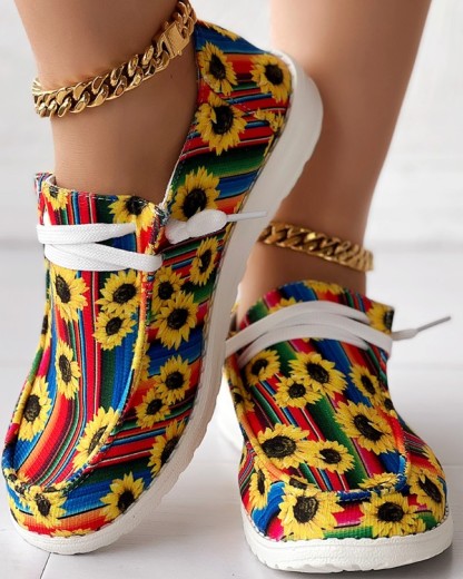 Sunflower Print Ombre Lace-up Slip-On Loafers