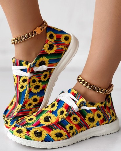 Sunflower Print Ombre Lace-up Slip-On Loafers