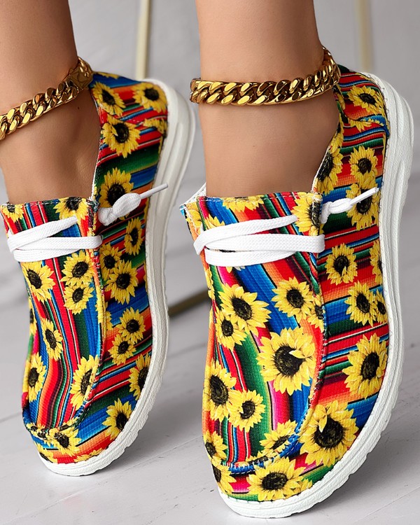 Sunflower Print Ombre Lace-up Slip-On Loafers