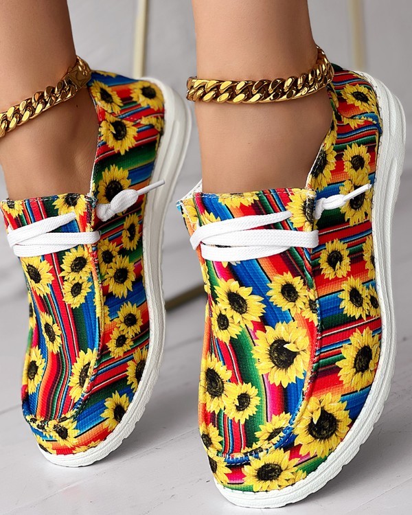 Sunflower Print Ombre Lace-up Slip-On Loafers